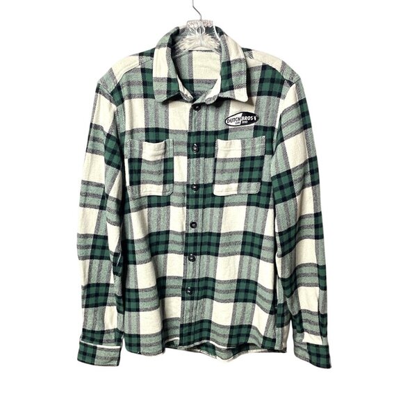Dutch Bros Plaid Flannel Button-Up Shirt Green/White Size Medium 100% Cotton - Picture 1 of 4